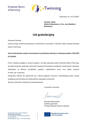 List gratulacyjny etwinning