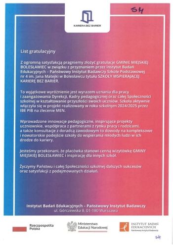 List gratulacyjny Kariera bez Barier
