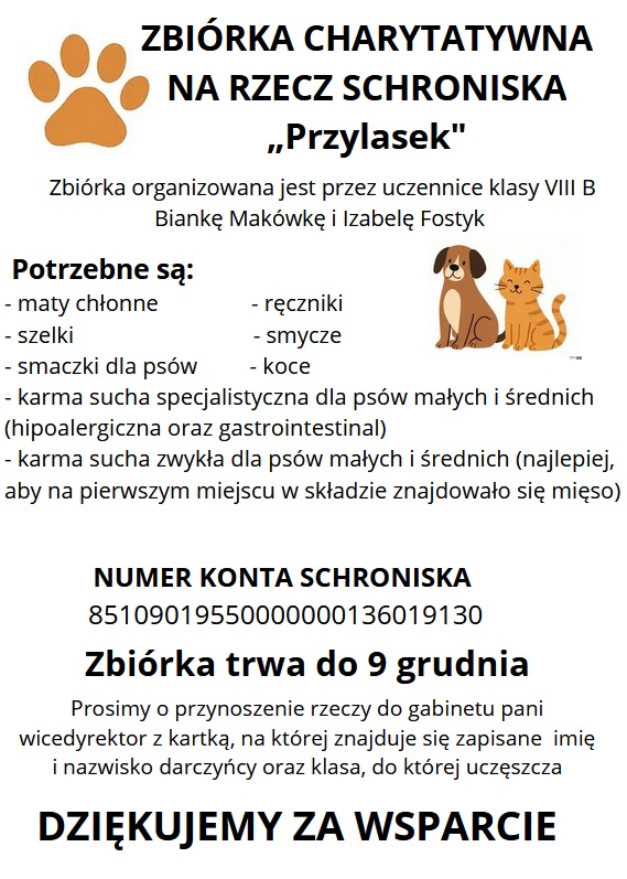 ZBIÓRKA CHARYTATYWNA NA RZECZ SCHRONISKA ''PRZYLASEK''